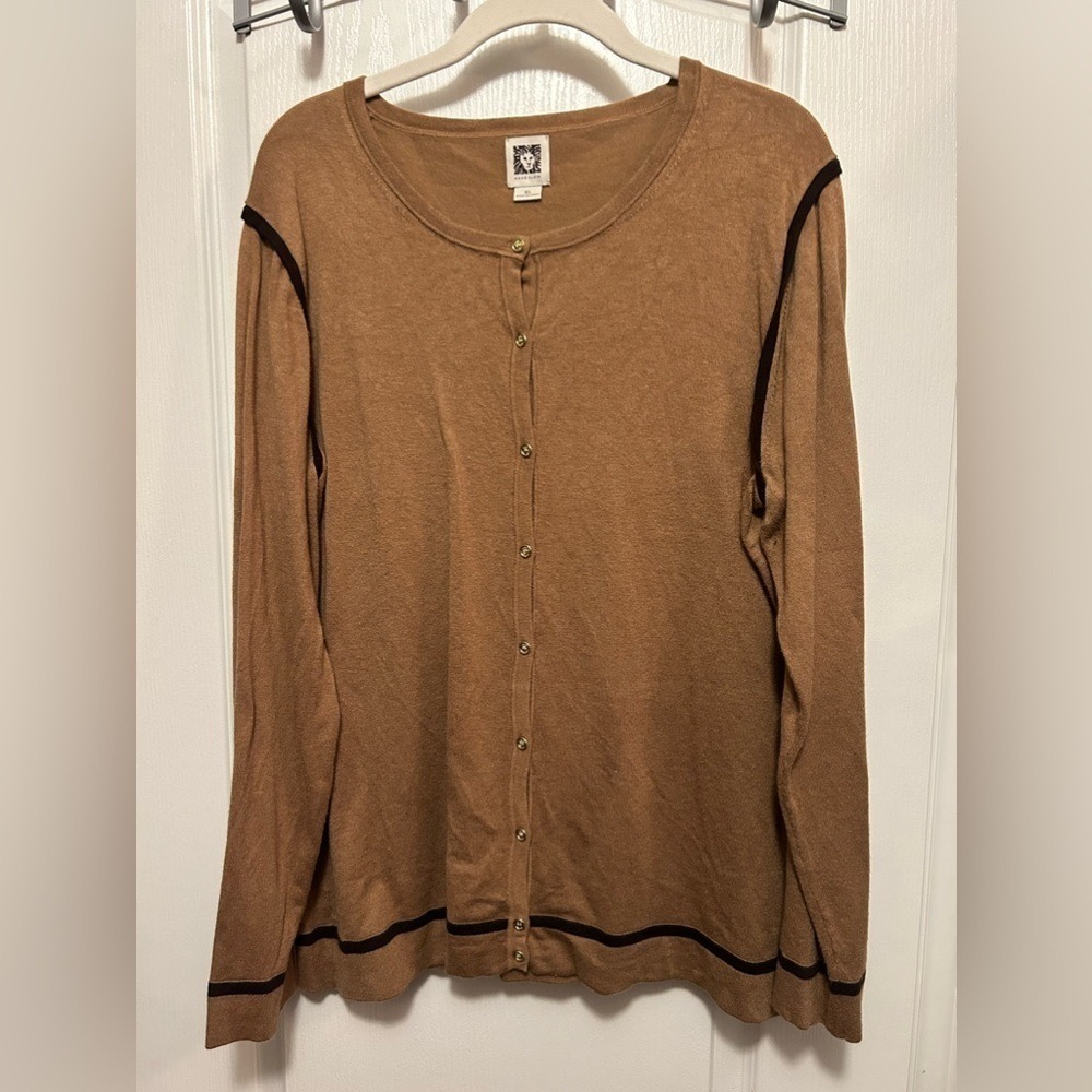 Anne Klein Cardigan Sweater Womens XL Brown Contrast Trim Gold Buttons Knit